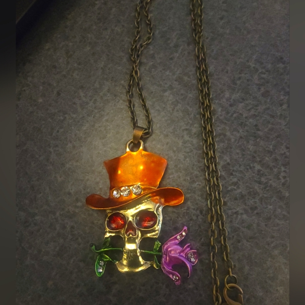 Vintage Diamond Skull Rose Necklace
